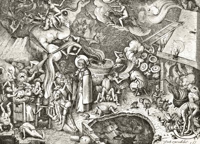 St. James the Elder combating the diabolical enchantments of a magician, engraved in the 16th century after a composition by Brueghel the Elder, from 